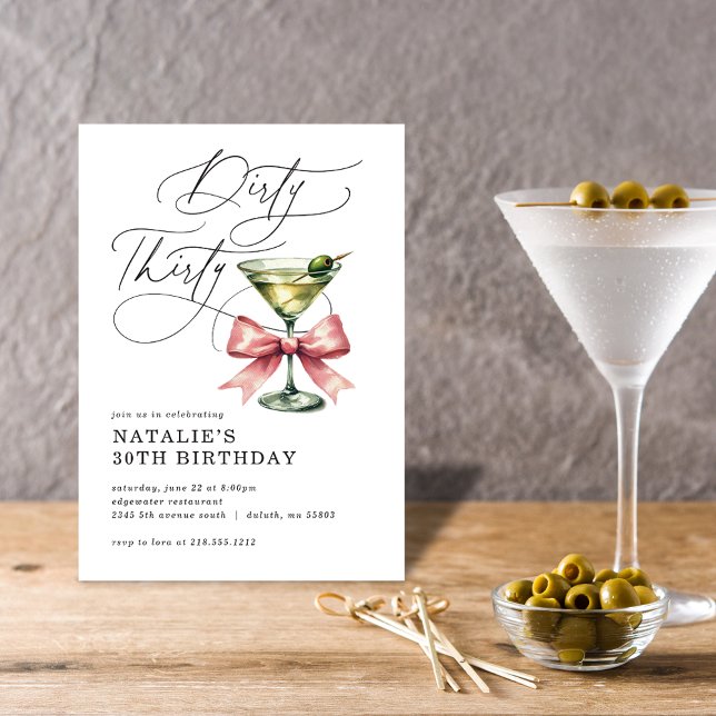 Minimalistisk Smutsig Trettio Martini Rosa Slinga  Inbjudningar (Minimalist Dirty Thirty Martini Pink Bow Birthday Invitation)