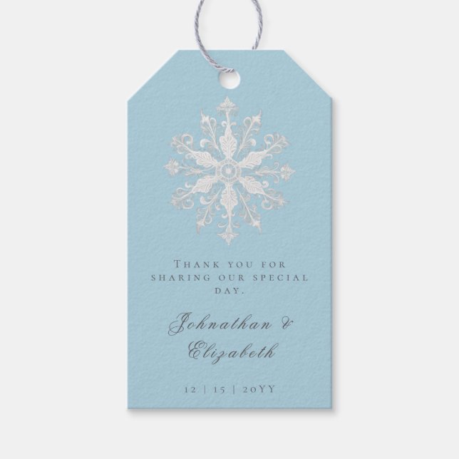 Minimalistisk snöflake Bröllop | Ice Blue Favor Presentetikett (Framsidan)