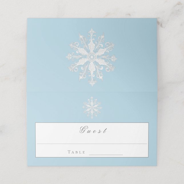 Minimalistisk snöflake Bröllop | Ice Blue Placeringskort (Utvändigt utvikt)