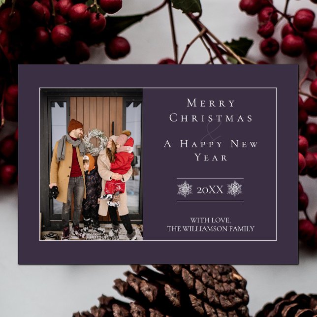 Minimalistisk snöflammande jul | Lila-fotokort Julkort (Purple Minimalist Snowflake Christmas Photo Card)