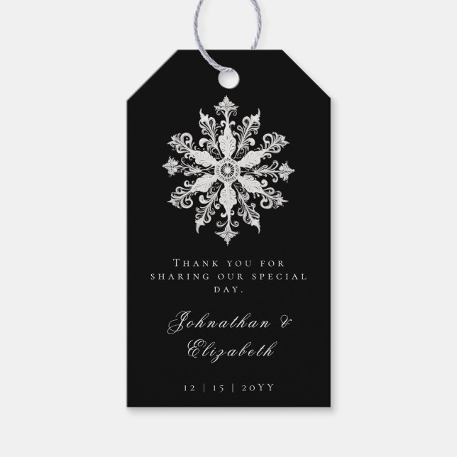 Minimalistisk snöflinga bröllop | Svart förmån Presentetikett (Framsidan)