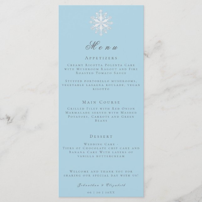 Minimalistisk snöflummel | Ice Blue Bröllop Menu Meny (Framsida)