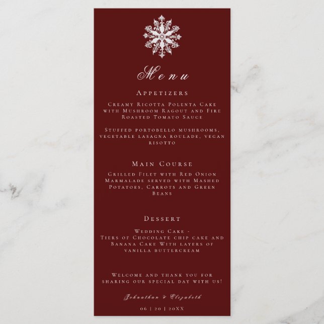 Minimalistisk snöflummel | Red Bröllop Menu Meny (Framsida)
