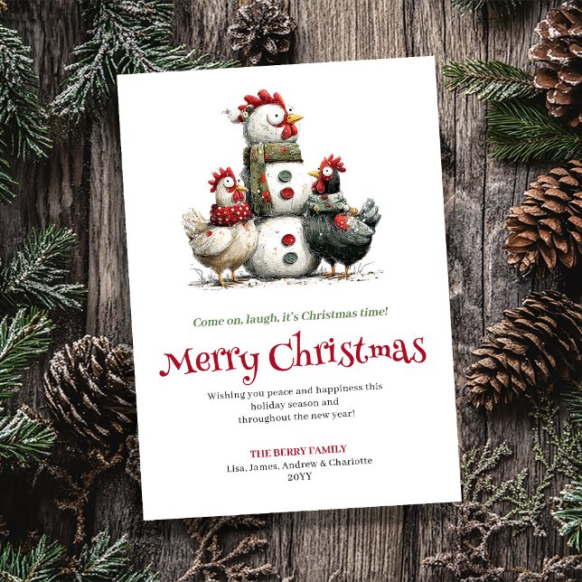 Minimalistisk Snygg Julhälsningskort med Kycklinga Julkort (Minimalist Quirky Chickens Christmas Greeting Card)