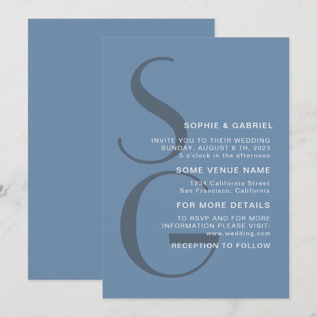 Minimalistisk snyggt. Dusty blue monogram Bröllop Inbjudningar (Fram/baksida)
