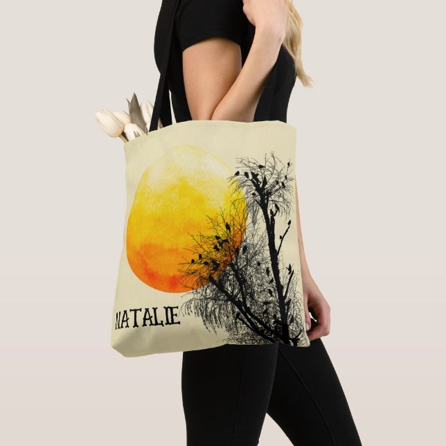Minimalistisk sol och fåglar Vattenfärgspersonalis Tygkasse (Närbild)
