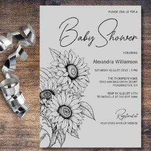 Minimalistisk solros på Grått Baby Shower Inbjudningar