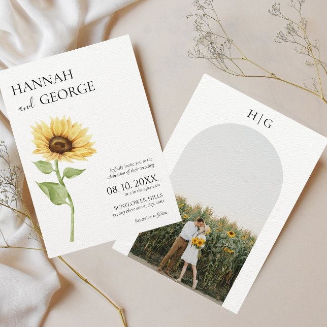 Minimalistisk solrosfoto Arch Bröllop Inbjudningar (Minimalist sunflower photo wedding invitation)