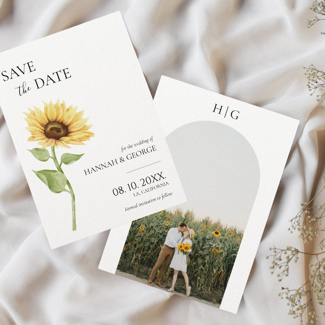 Minimalistisk solrosfoto Arch Bröllop Spara Datumet (Sunflower Save the Date Modern minimalist arch)