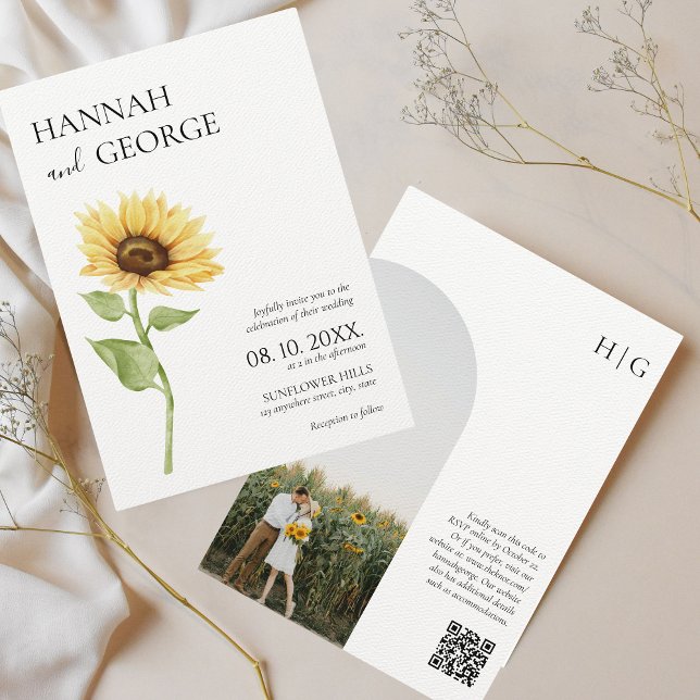Minimalistisk solrosfoto, bild QR-kod Bröllop Inbjudningar (Sunflower wedding invitation photo qr code arch)