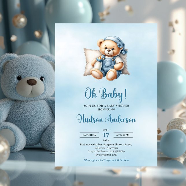 Minimalistisk söt nalle babydusch inbjudningar (minimalist boy baby shower invitation with cute teddy bear)