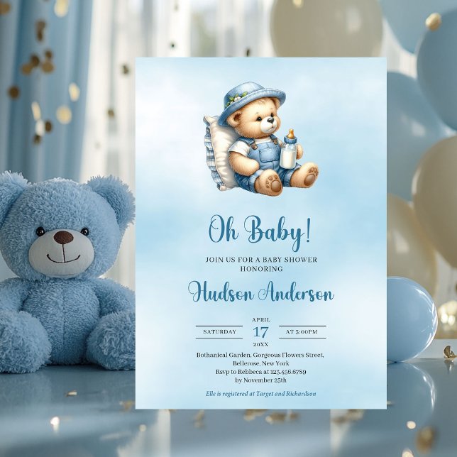 Minimalistisk söt nalle babydusch inbjudningar (minimalist boy baby shower invitation with cute teddy bear)