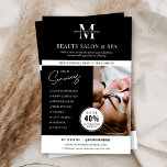 Minimalistisk Spa Salon Services Business Marknads Flygblad<br><div class="desc">Minimalistisk marknadsföring-flygare med utrymme för ditt monogram eller din logotyp, dina tjänster, kontaktuppgifter och ett anpassningsbar-foto. Den här professionellens skönhetsalong eller marknadsföring-bipacksedel har en modern svartvit design och ett rabatt-märke för att locka nya kunder. Ett enkelt sätt att annonsera dina tjänster och speciell rabatt till potentiella kunder. **Foto är bara...</div>