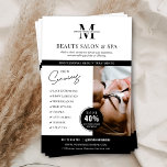 Minimalistisk Spa Salon Services Business Marknads Flygblad<br><div class="desc">Minimalistisk marknadsföring-flygare med utrymme för ditt monogram eller din logotyp, dina tjänster, kontaktuppgifter och ett anpassningsbar-foto. Den här professionellens skönhetsalong eller marknadsföring-bipacksedel har en modern svartvit design och ett rabatt-märke för att locka nya kunder. Ett enkelt sätt att annonsera dina tjänster och speciell rabatt till potentiella kunder. **Foto är bara...</div>
