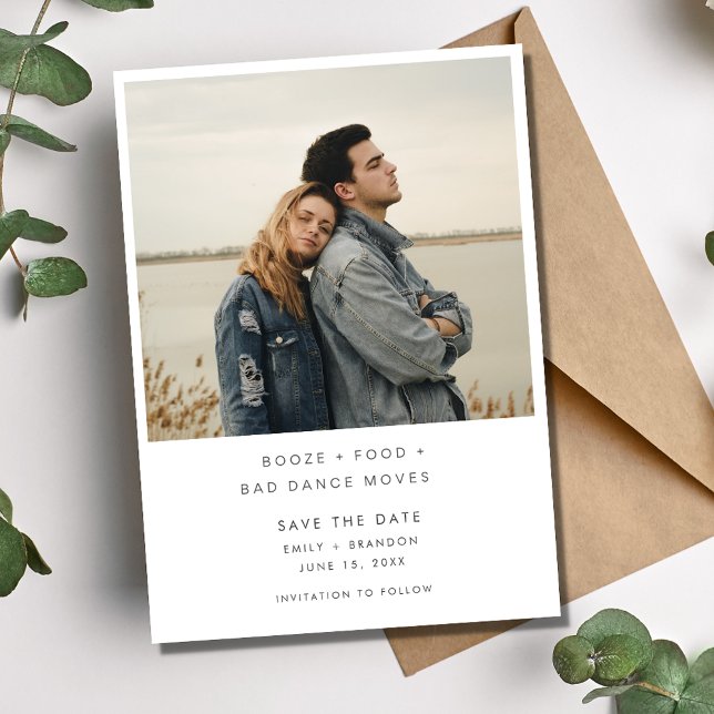 Minimalistisk Sprit-mat, dålig doance Moves Bröllo Spara Datumet (Minimalist Booze Food Bad Dance Moves Wedding Save The Date)