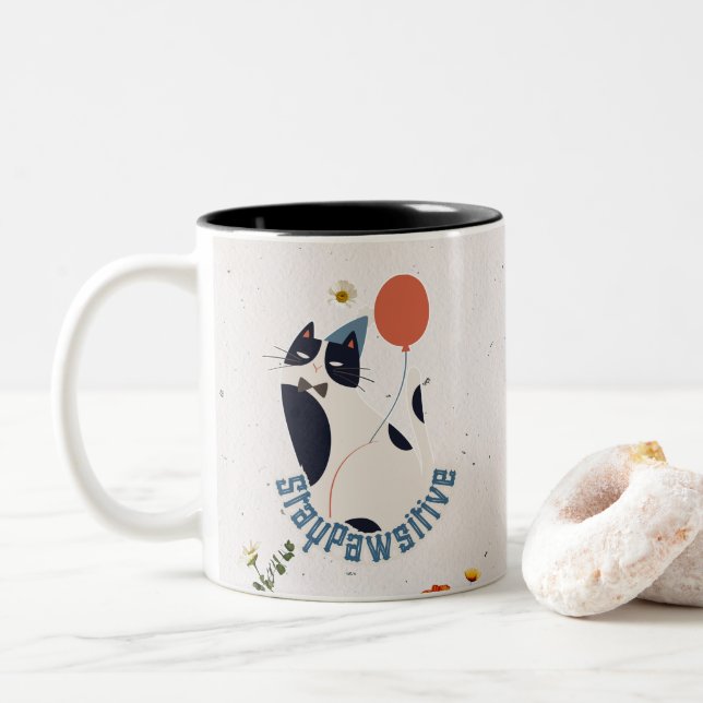 Minimalistisk Stay Pawsitive Smokingkatt Keramisk  Två-Tonad Mugg (Med munk)