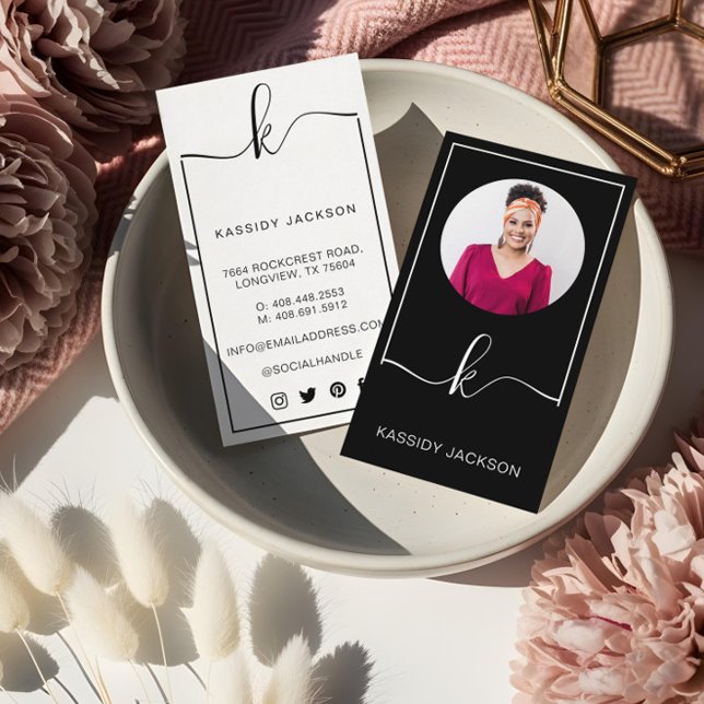 Minimalistisk Stilig Skript Monogram Ram Cirkel Fo Visitkort (Minimal Stylish Script Monogram Frame Circle Photo Business Card)