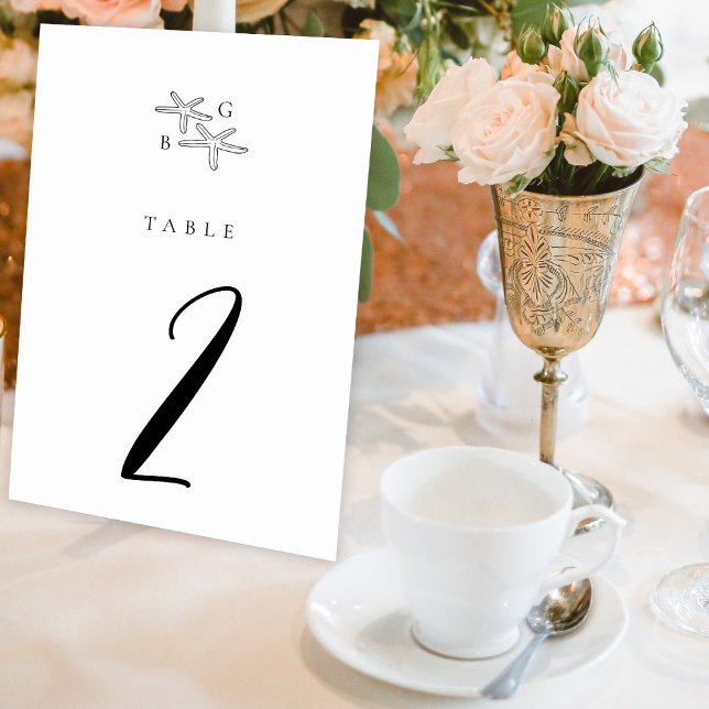 Minimalistisk stjärtfångare Monogram Bröllop Bordsnummer (Minimalist Starfish Beach Monogram Wedding Table Number)