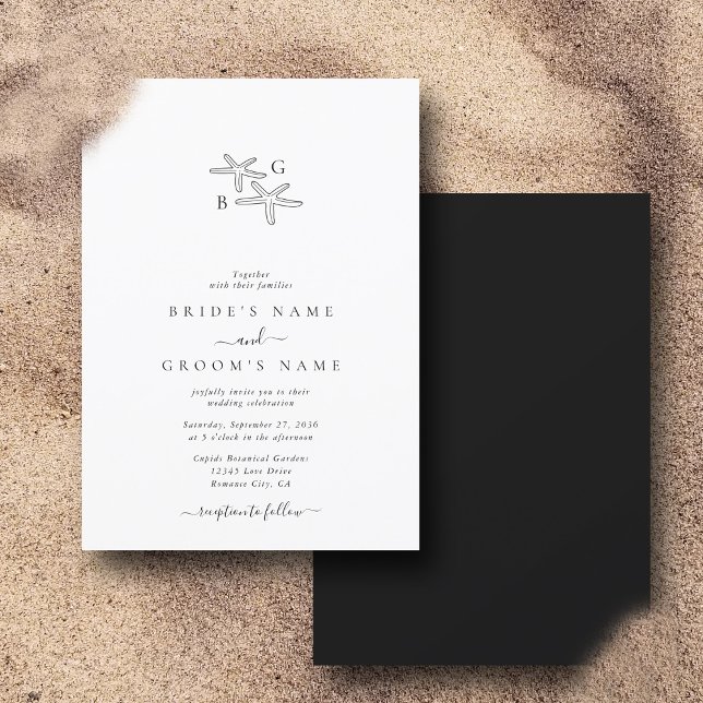 Minimalistisk stjärtfångare Monogram Bröllop Inbjudningar (Minimalist Starfish Beach Monogram Wedding Invitation)