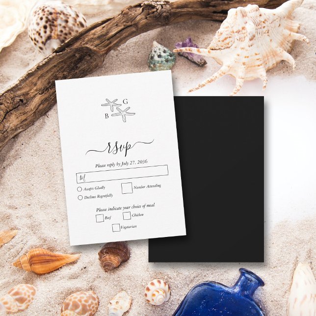 Minimalistisk stjärtfångare Monogram Bröllop OSA Kort (Minimalist Starfish Beach Monogram Wedding RSVP Card)