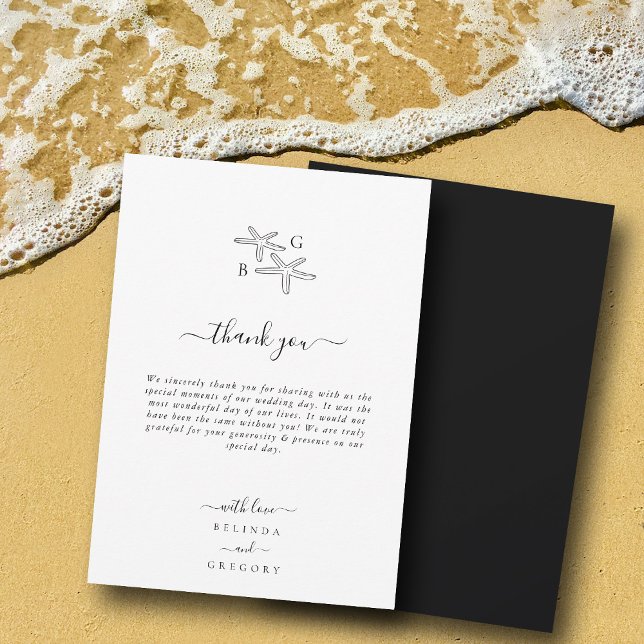 Minimalistisk stjärtfångare Monogram Bröllop Tack Kort (Minimalist Starfish Beach Monogram Wedding Thank You Card)