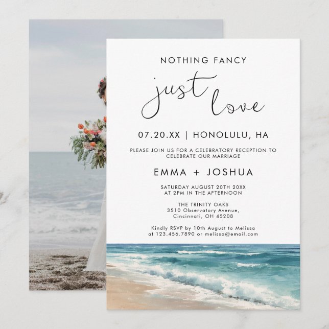 Minimalistisk strandfotobryllopsfest Elopement Inbjudningar (Fram/baksida)