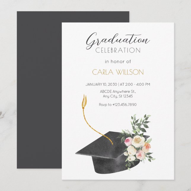 Minimalistisk studentmössa med blomsterinbjudan inbjudningar (Fram/baksida)