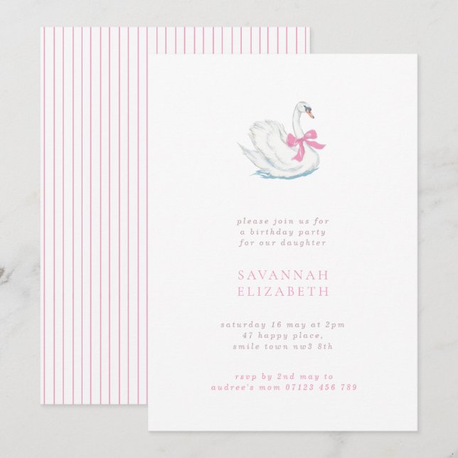 Minimalistisk Svan- och Rosa Båge Flickors Födelse Inbjudningar (Fram/baksida)