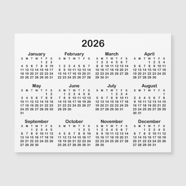Minimalistisk svart 2026 magnetisk kalender (Framsida)
