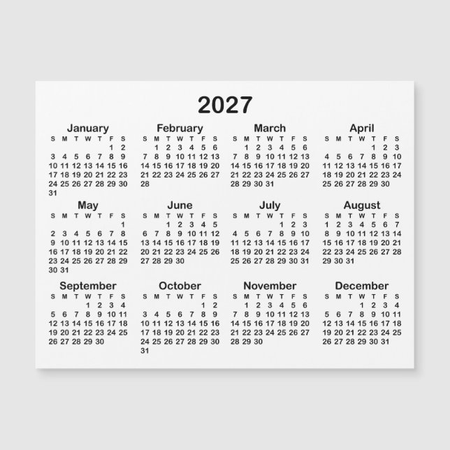 Minimalistisk svart 2027 Magnetisk kalender (Framsida)