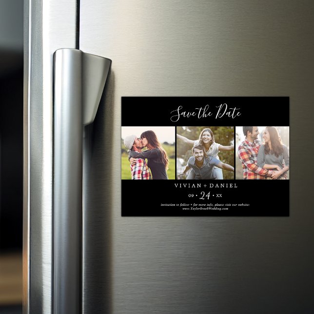 Minimalistisk | Svart 3-fotomall Spara datum Magnetisk Inbjudningskort (Skapare uppladdad)