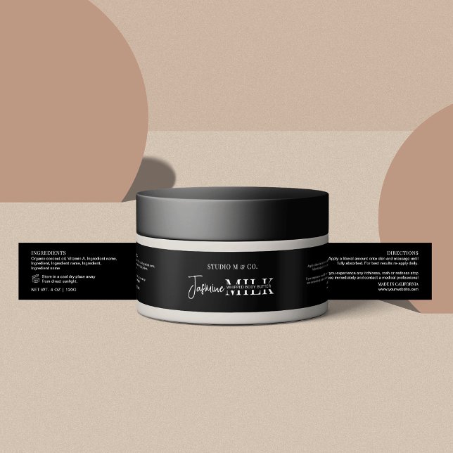 Minimalistisk svart 4 OZ Bath Body Burk-etikett Etikettband (Modern black cosmetic 4 OZ jar product label *please verify size to ensure a good fit)