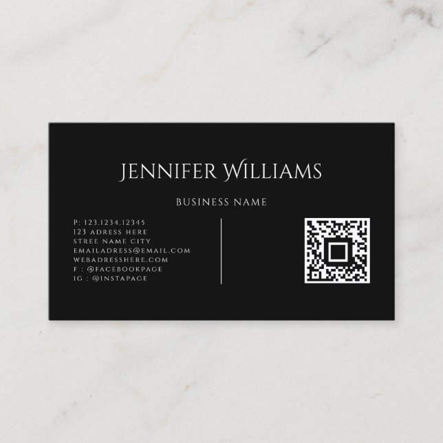 Minimalistisk svart anpassad QR-kod skript modern Visitkort (Framsida)