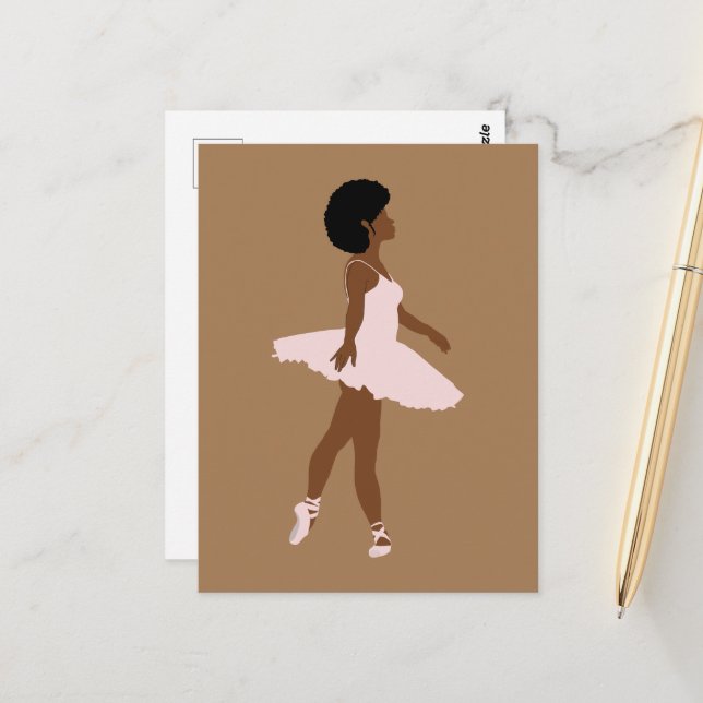 Minimalistisk svart ballerina afro-hårillustration vykort (Fram/Back In Situ)