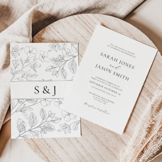 Minimalistisk svart blomsterbröllopsinbjudan inbjudningar