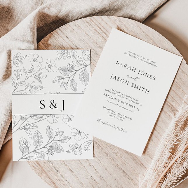 Minimalistisk svart blomsterbröllopsinbjudan inbjudningar (Skapare uppladdad)