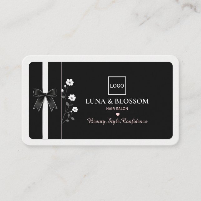 Minimalistisk svart blomsterfrisörsalong visitkort (Framsida)