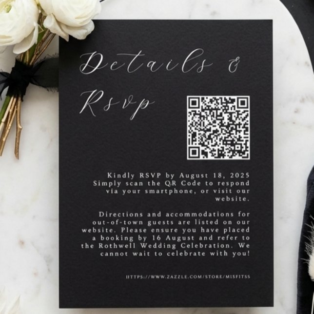 Minimalistisk svart bröllop med QR-detaljer och sv Vykort (Skapare uppladdad)
