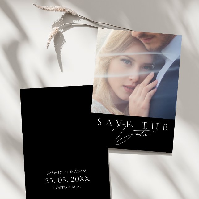 Minimalistisk Svart Enkel Skrift Foto Bröllop Spara Datumet (Minimalist Black Simple Script Photo Wedding Save The Date)