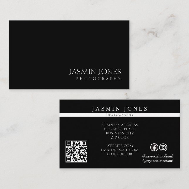 Minimalistisk svart fotografi QR-kod Visitkort (Fram/baksida)