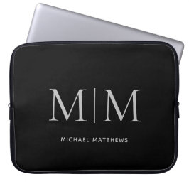 Minimalistisk svart Grått Masculine Monogram Namn Laptop Fodral