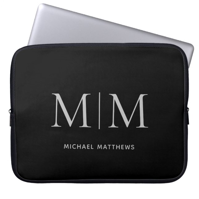 Minimalistisk svart Grått Masculine Monogram Namn Laptop Fodral (Framsidan)