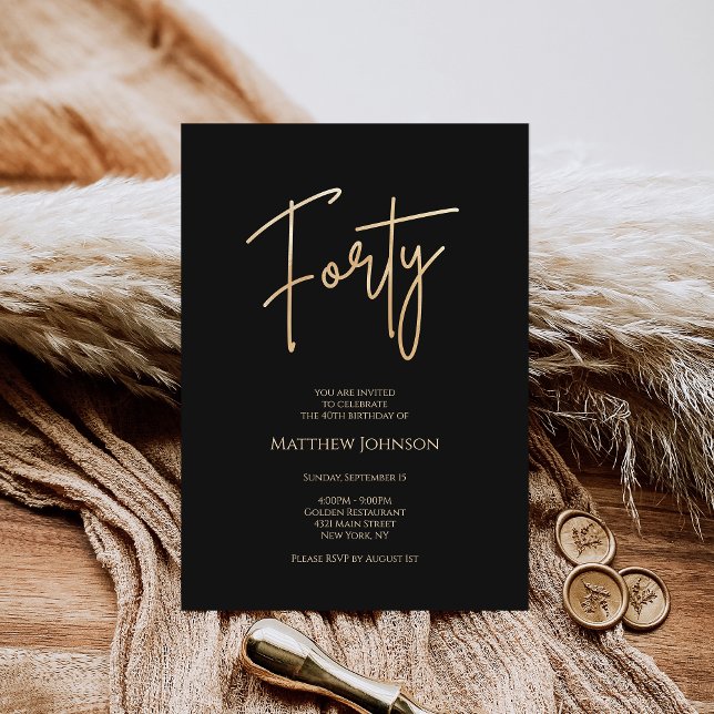 Minimalistisk svart guld 40-års födelsedagsinbjuda inbjudningar (Luxury Black Gold FORTY 40th Birthday Invitation for Her or Him)