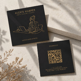 Minimalistisk svart guld linjekonst kvinna QR-kod Fyrkantigt Visitkort