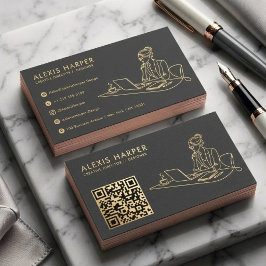 Minimalistisk svart guld modern QR-kod linjekonst Visitkort