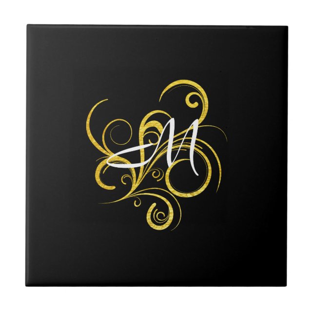 Minimalistisk Svart Guld Monogram Kakelplatta (Framsidan)
