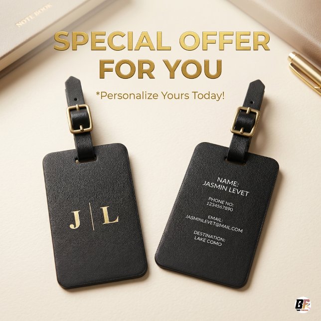 Minimalistisk svart & guldmonogram-personaliserad bagagebricka (#vacation)
