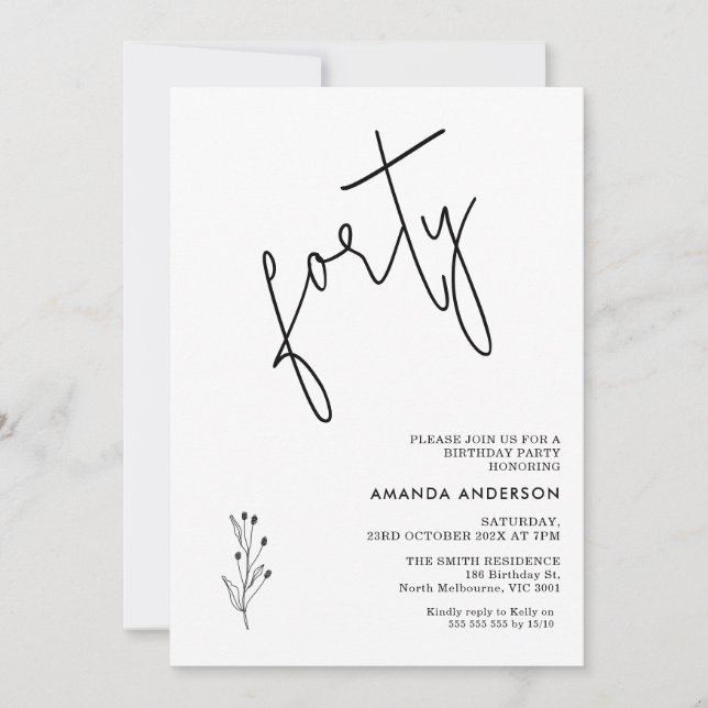 Minimalistisk svart kalligrafiktext 40:e födelseda inbjudningar (Framsida)