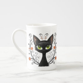 Minimalistisk svart katt gröna ögon filigran desig benporslin mugg