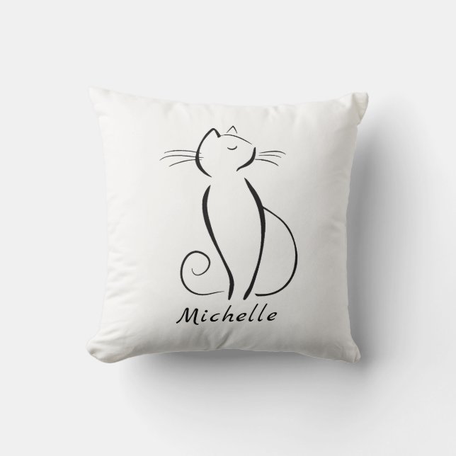 Minimalistisk svart katt på vit add name kudde (Framsida)
